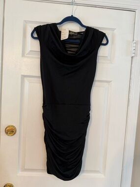 Love Stitch Black Cowl Neck Ruched Midi Dress